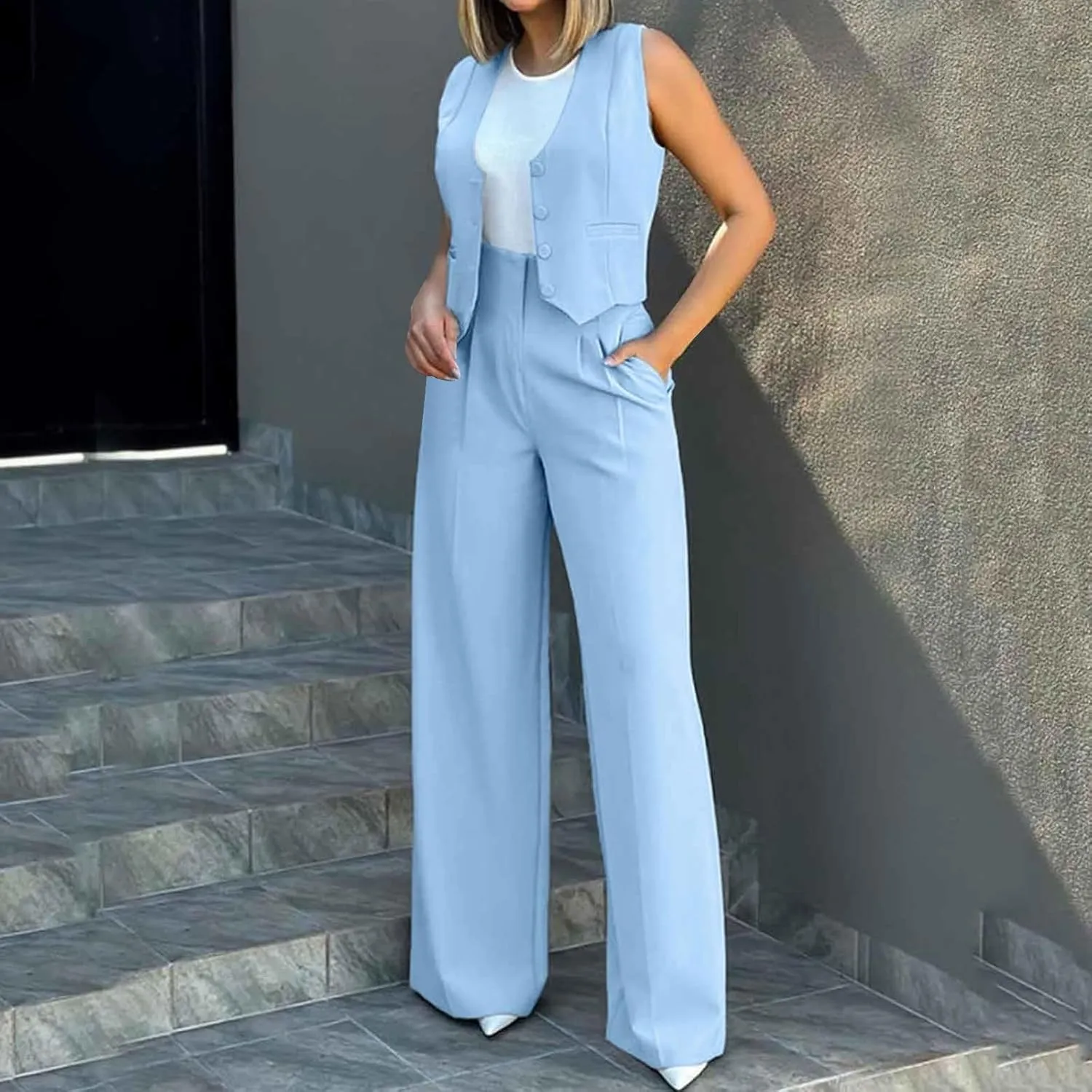Women's 2 Piece Blazer Sets Outfits Sleeveless Suit Vest Cropped Tops and Wide Leg Pants Business Casual Pant Suits