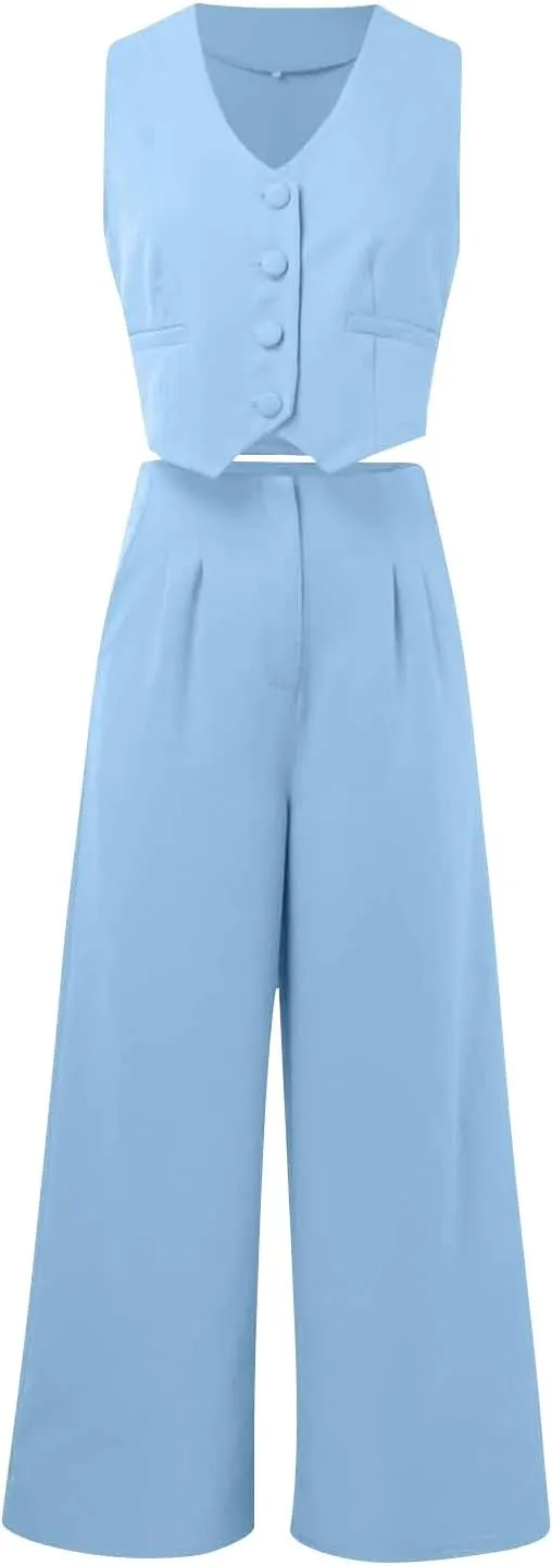 Women's 2 Piece Blazer Sets Outfits Sleeveless Suit Vest Cropped Tops and Wide Leg Pants Business Casual Pant Suits