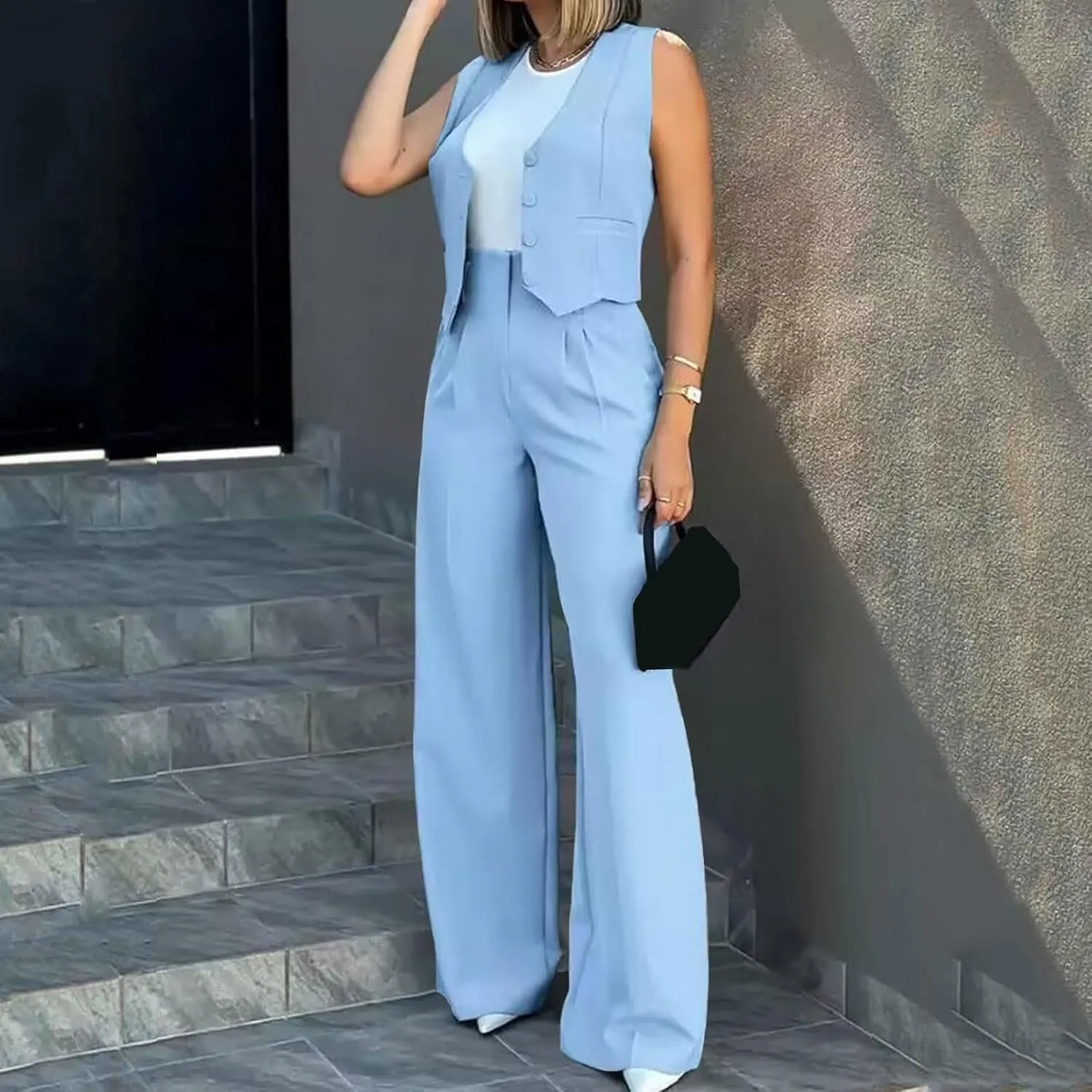 Women's 2 Piece Blazer Sets Outfits Sleeveless Suit Vest Cropped Tops and Wide Leg Pants Business Casual Pant Suits