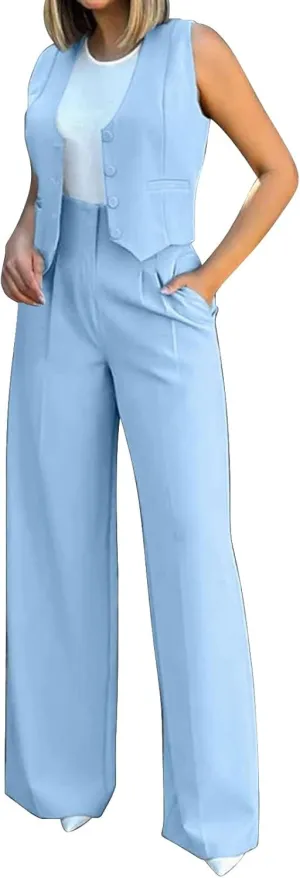 Women's 2 Piece Blazer Sets Outfits Sleeveless Suit Vest Cropped Tops and Wide Leg Pants Business Casual Pant Suits