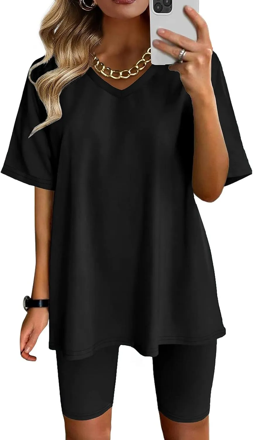 Womens 2 Piece Sets Summer Outfits 2025 Two Piece Lounge Set Matching V Neck T-Shirt Tops Biker Shorts Tracksuit