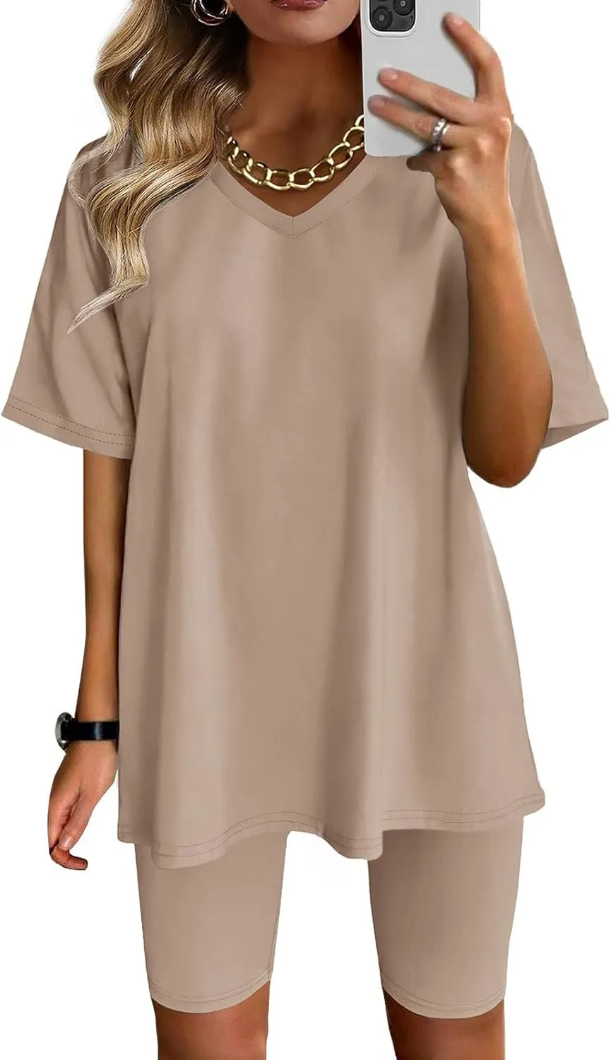 Womens 2 Piece Sets Summer Outfits 2025 Two Piece Lounge Set Matching V Neck T-Shirt Tops Biker Shorts Tracksuit