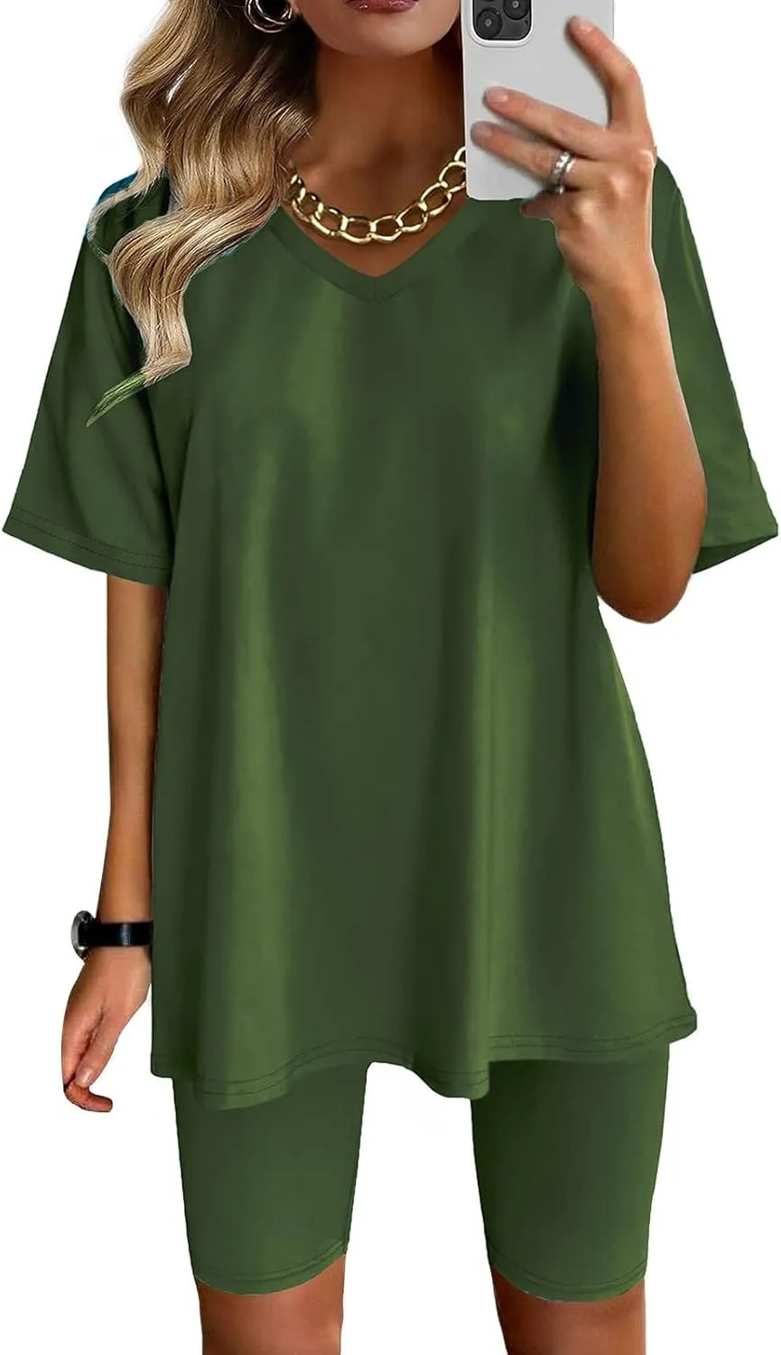 Womens 2 Piece Sets Summer Outfits 2025 Two Piece Lounge Set Matching V Neck T-Shirt Tops Biker Shorts Tracksuit