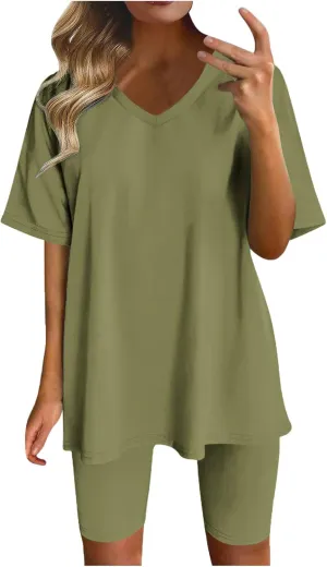 Womens 2 Piece Sets Summer Outfits 2025 Two Piece Lounge Set Matching V Neck T-Shirt Tops Biker Shorts Tracksuit