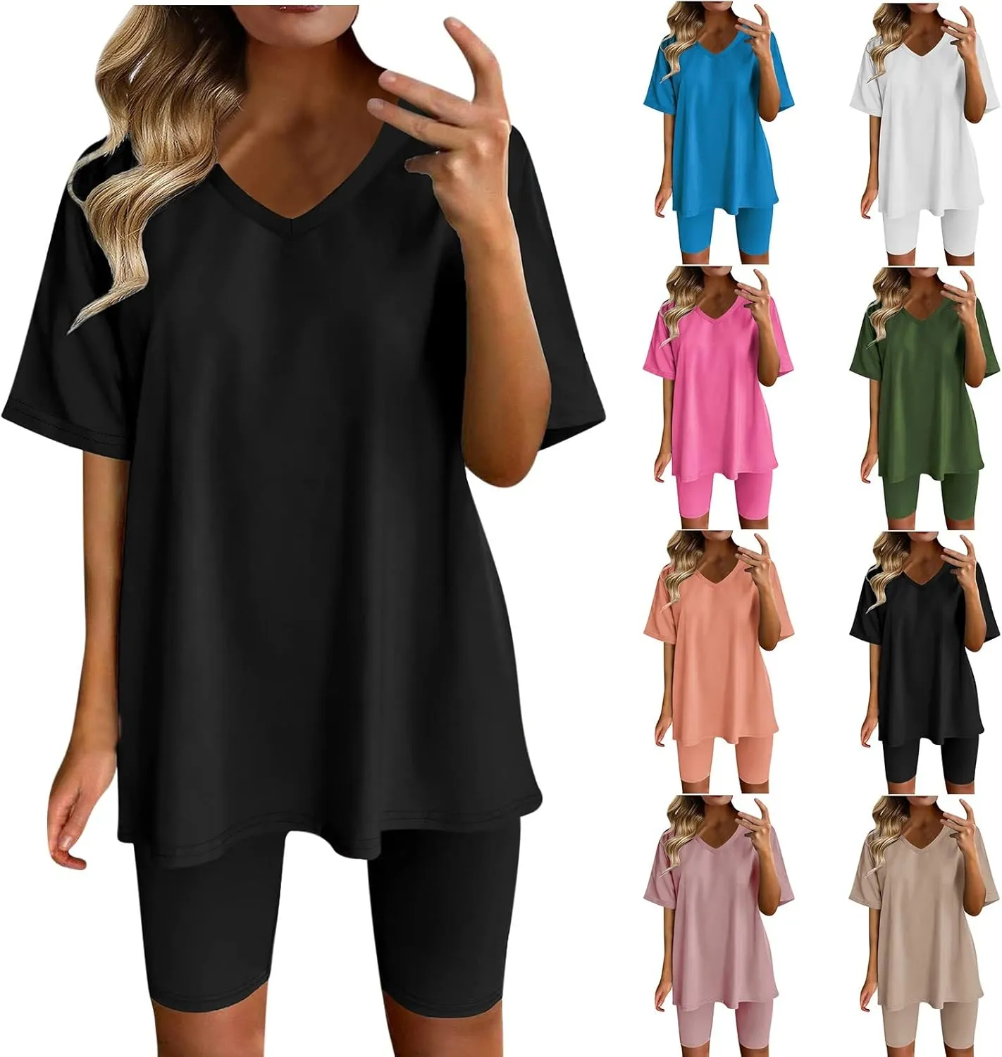 Womens 2 Piece Sets Summer Outfits 2025 Two Piece Lounge Set Matching V Neck T-Shirt Tops Biker Shorts Tracksuit