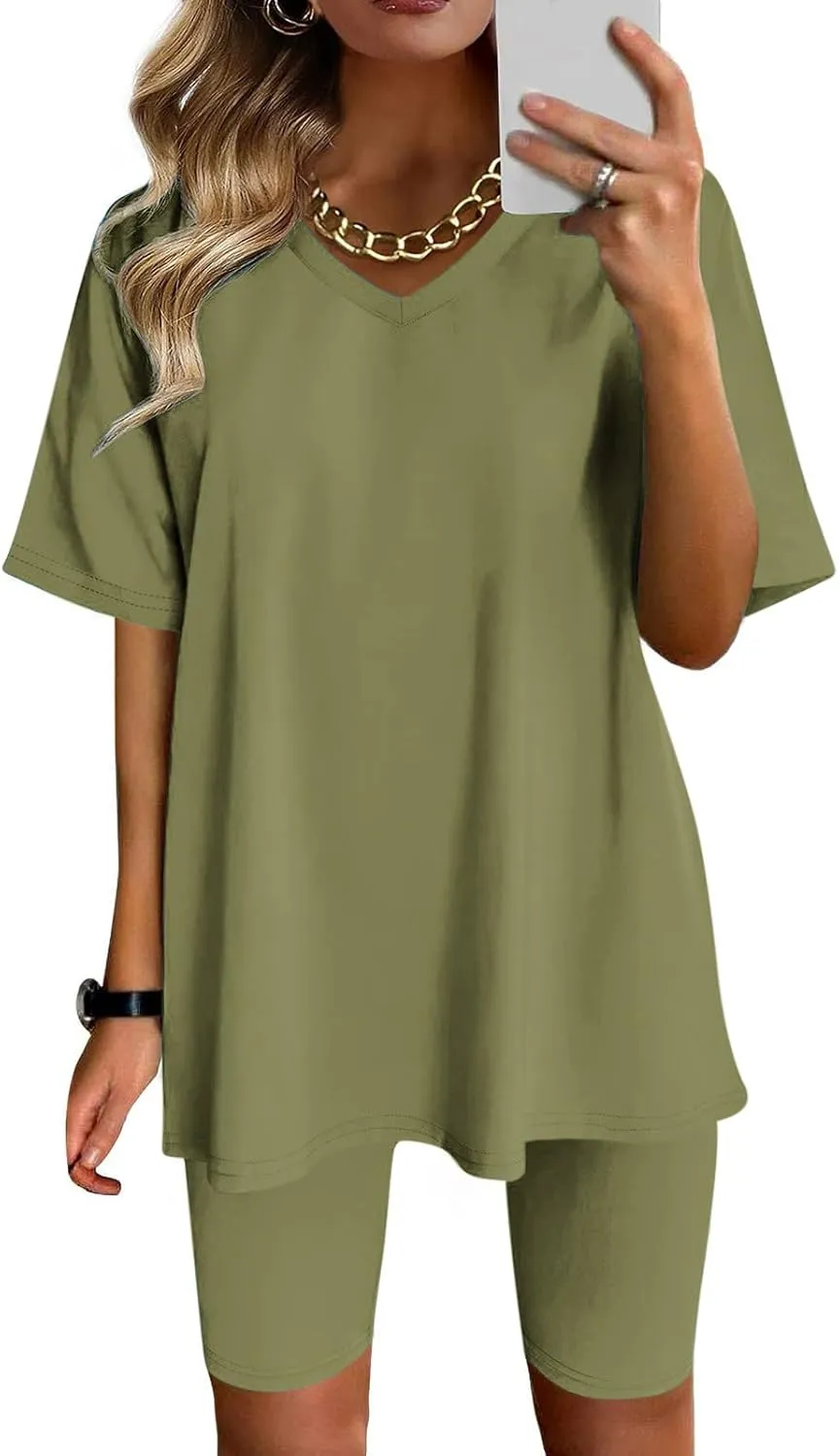 Womens 2 Piece Sets Summer Outfits 2025 Two Piece Lounge Set Matching V Neck T-Shirt Tops Biker Shorts Tracksuit