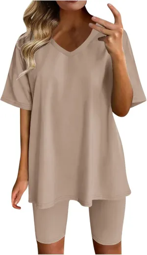 Womens 2 Piece Sets Summer Outfits 2025 Two Piece Lounge Set Matching V Neck T-Shirt Tops Biker Shorts Tracksuit