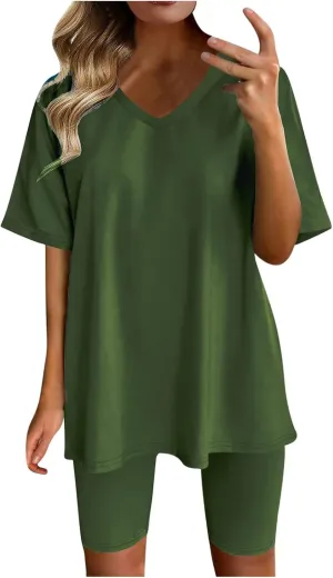Womens 2 Piece Sets Summer Outfits 2025 Two Piece Lounge Set Matching V Neck T-Shirt Tops Biker Shorts Tracksuit