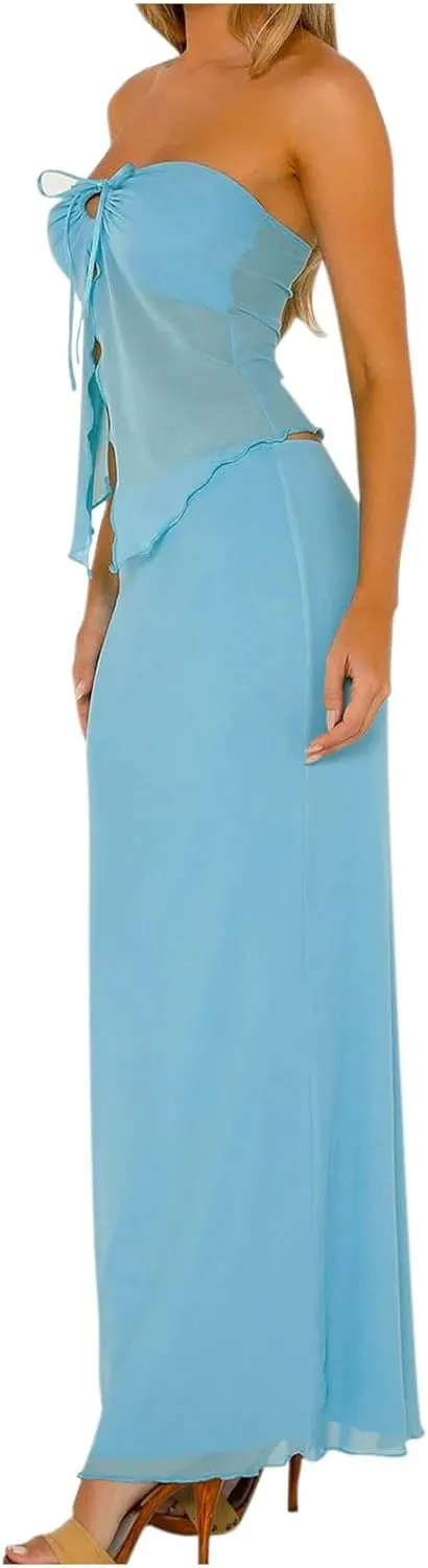 Womens 2 Piece Skirt Outfits Summer Sleeveless Keyhole Tube Tops Elastic Waist Bodycon Maxi Skirts Y2k Streetwear