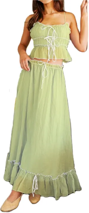 Womens 2 Piece Skirt Sets Lace Shirred Halter Tops and Swing Maxi Skirt Y2k Going Out Outfits Summer Beachwear