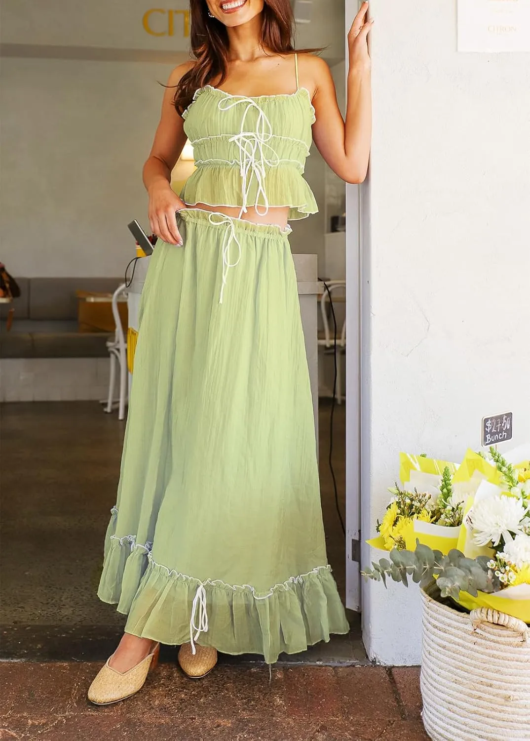 Womens 2 Piece Skirt Sets Lace Shirred Halter Tops and Swing Maxi Skirt Y2k Going Out Outfits Summer Beachwear