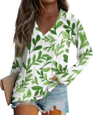 Women's 2025 Fall Long Sleeve Tops V Neck Sexy Floral Print Tee Tops Trendy Cute Loose Fit Dressy Winter Sweatshirt