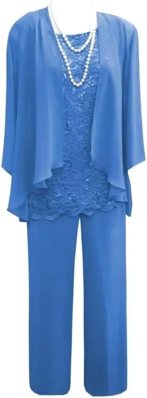 Women's 3 Pieces Mother of The Bride Dress Pant Suits Lace Chiffon Wedding Guest Dress with Jacket