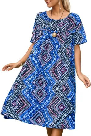 Women's Baggy Boho Floral Midi Dresses Casual Loose Summer Short Sleeve Beach Vacation Tshirt Dress with Pockets
