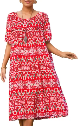 Women's Baggy Boho Floral Midi Dresses Casual Loose Summer Short Sleeve Beach Vacation Tshirt Dress with Pockets