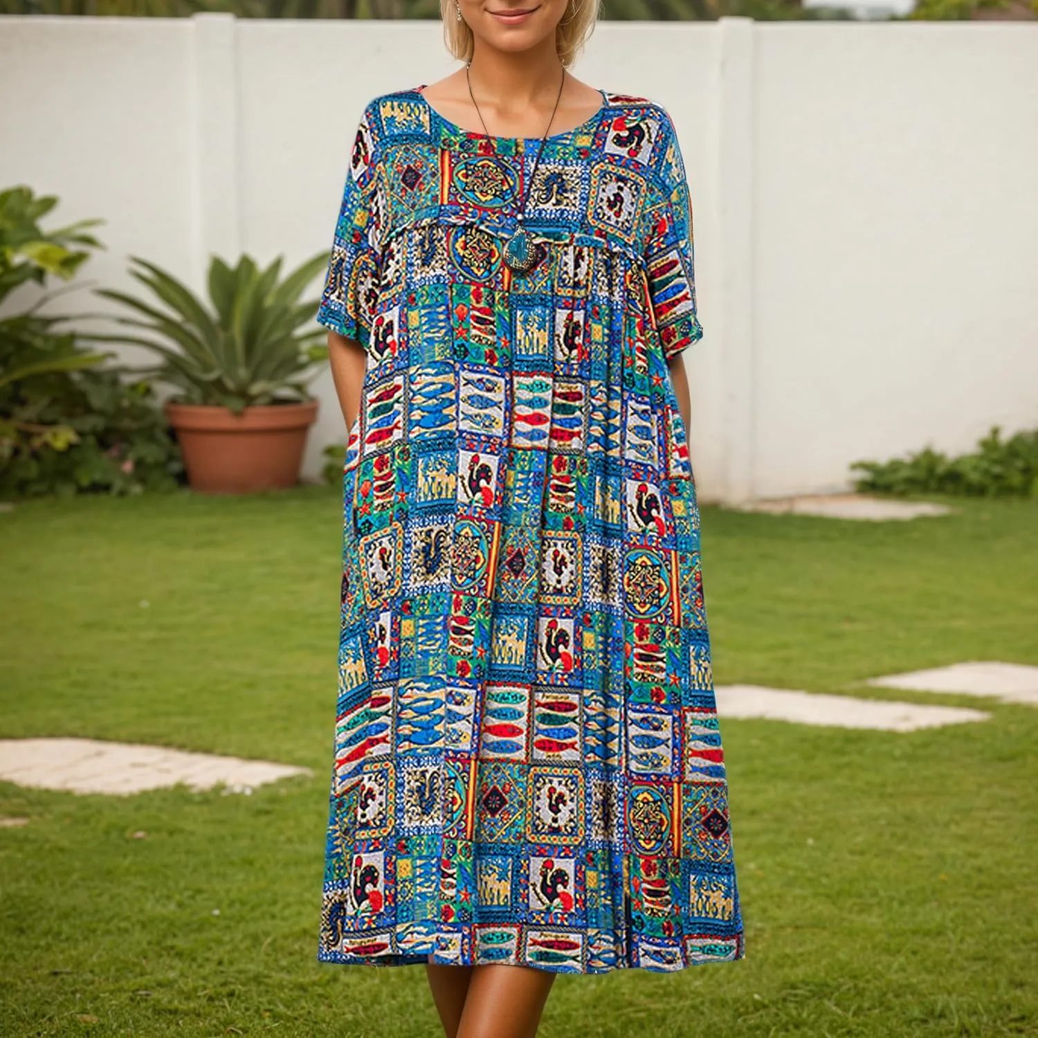 Women's Baggy Boho Floral Midi Dresses Casual Loose Summer Short Sleeve Beach Vacation Tshirt Dress with Pockets