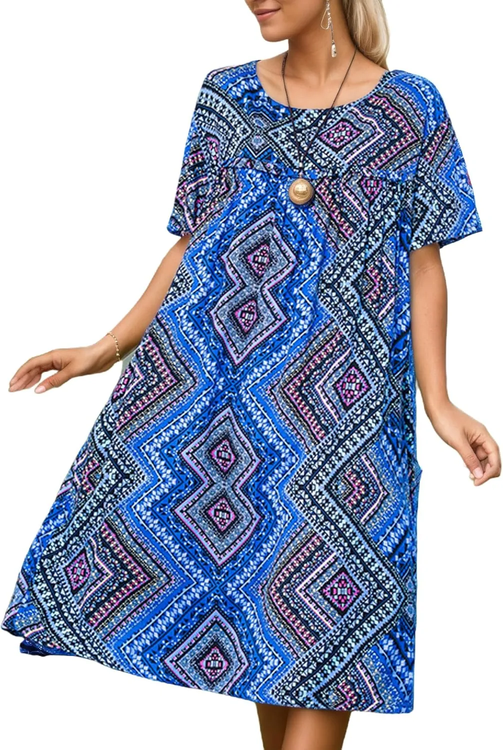 Women's Baggy Boho Floral Midi Dresses Casual Loose Summer Short Sleeve Beach Vacation Tshirt Dress with Pockets