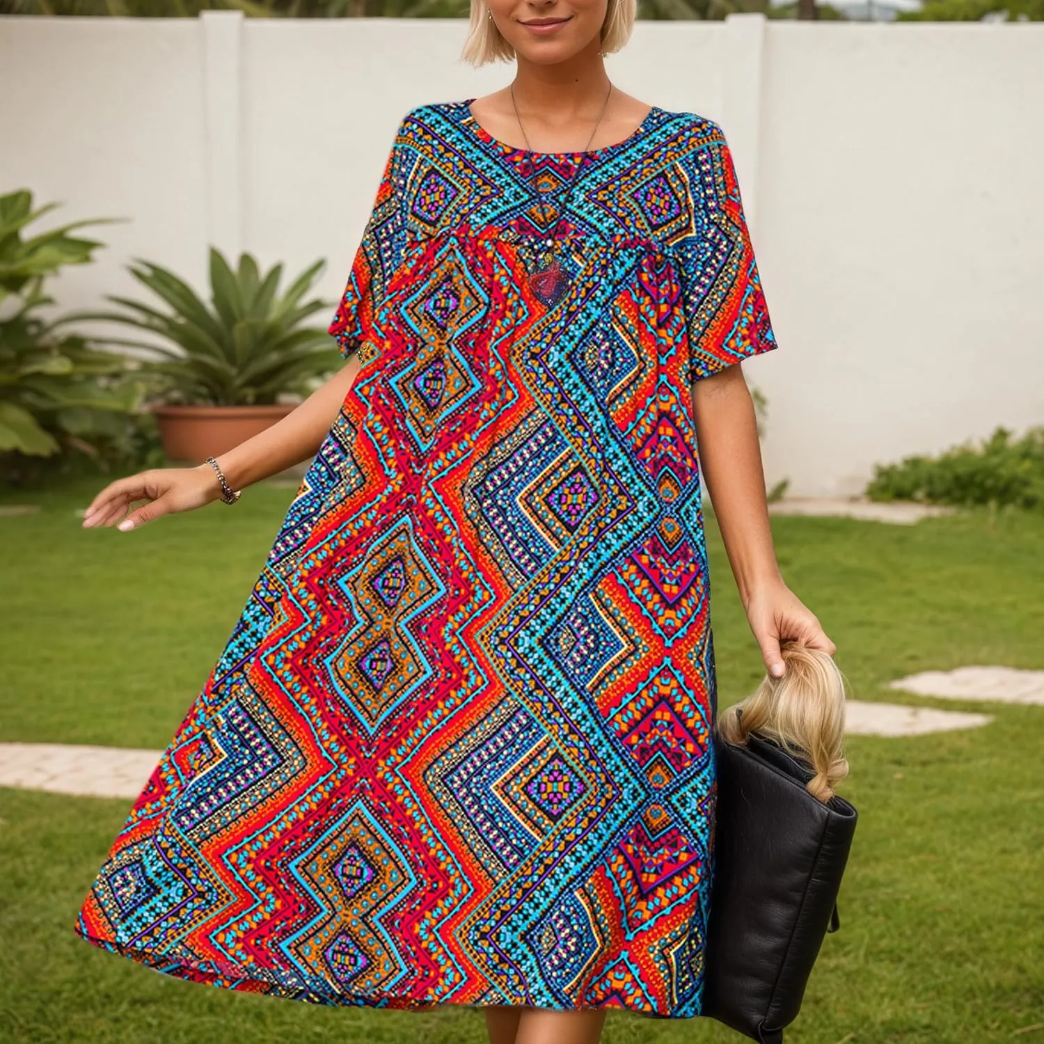 Women's Baggy Boho Floral Midi Dresses Casual Loose Summer Short Sleeve Beach Vacation Tshirt Dress with Pockets
