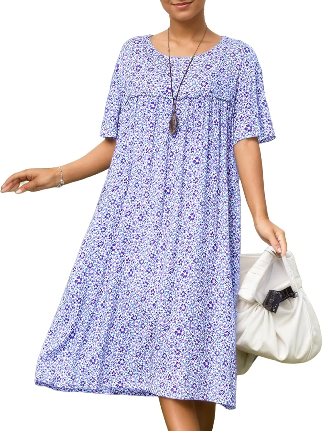 Women's Baggy Boho Floral Midi Dresses Casual Loose Summer Short Sleeve Beach Vacation Tshirt Dress with Pockets