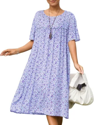 Women's Baggy Boho Floral Midi Dresses Casual Loose Summer Short Sleeve Beach Vacation Tshirt Dress with Pockets