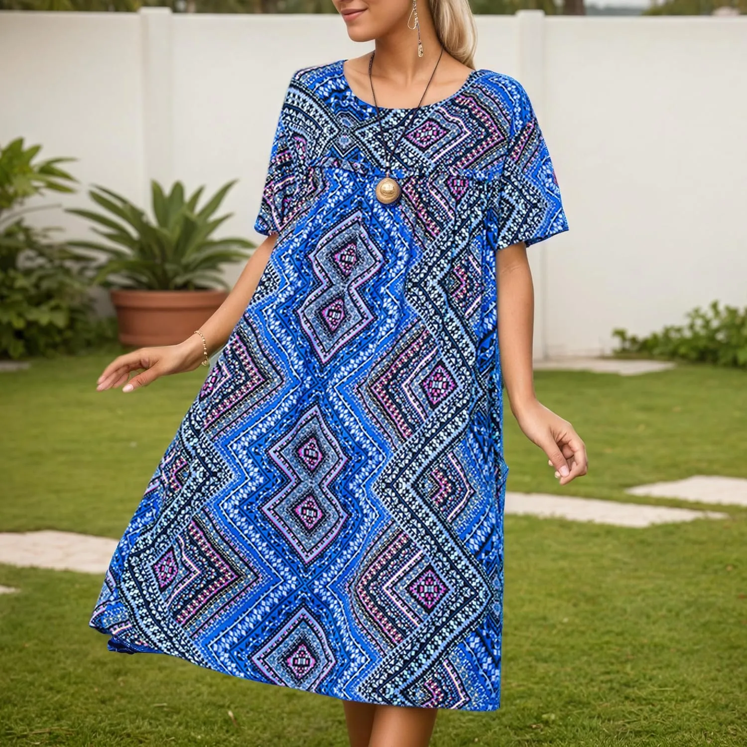 Women's Baggy Boho Floral Midi Dresses Casual Loose Summer Short Sleeve Beach Vacation Tshirt Dress with Pockets