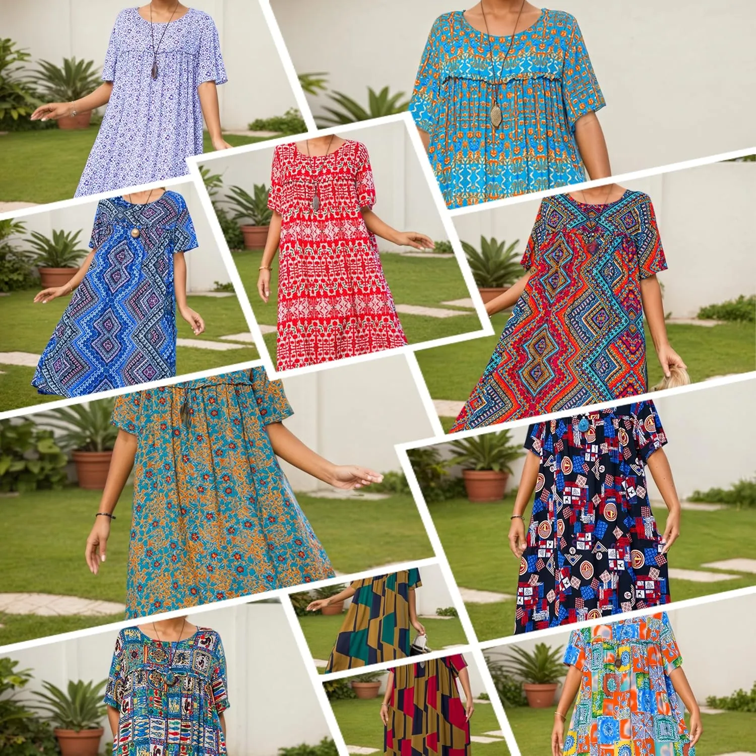 Women's Baggy Boho Floral Midi Dresses Casual Loose Summer Short Sleeve Beach Vacation Tshirt Dress with Pockets