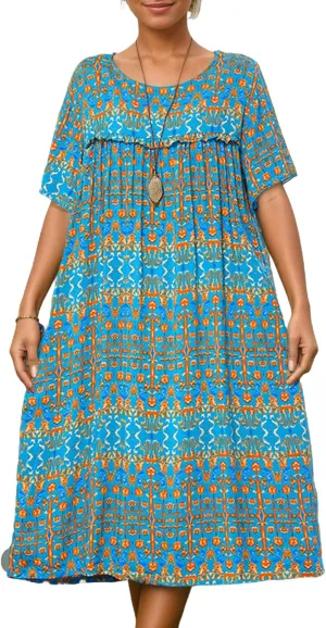Women's Baggy Boho Floral Midi Dresses Casual Loose Summer Short Sleeve Beach Vacation Tshirt Dress with Pockets
