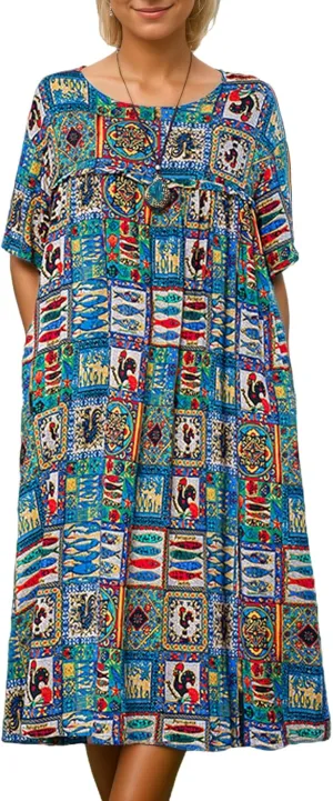 Women's Baggy Boho Floral Midi Dresses Casual Loose Summer Short Sleeve Beach Vacation Tshirt Dress with Pockets