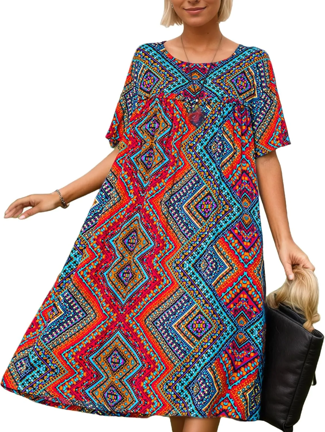Women's Baggy Boho Floral Midi Dresses Casual Loose Summer Short Sleeve Beach Vacation Tshirt Dress with Pockets