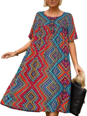 Women's Baggy Boho Floral Midi Dresses Casual Loose Summer Short Sleeve Beach Vacation Tshirt Dress with Pockets