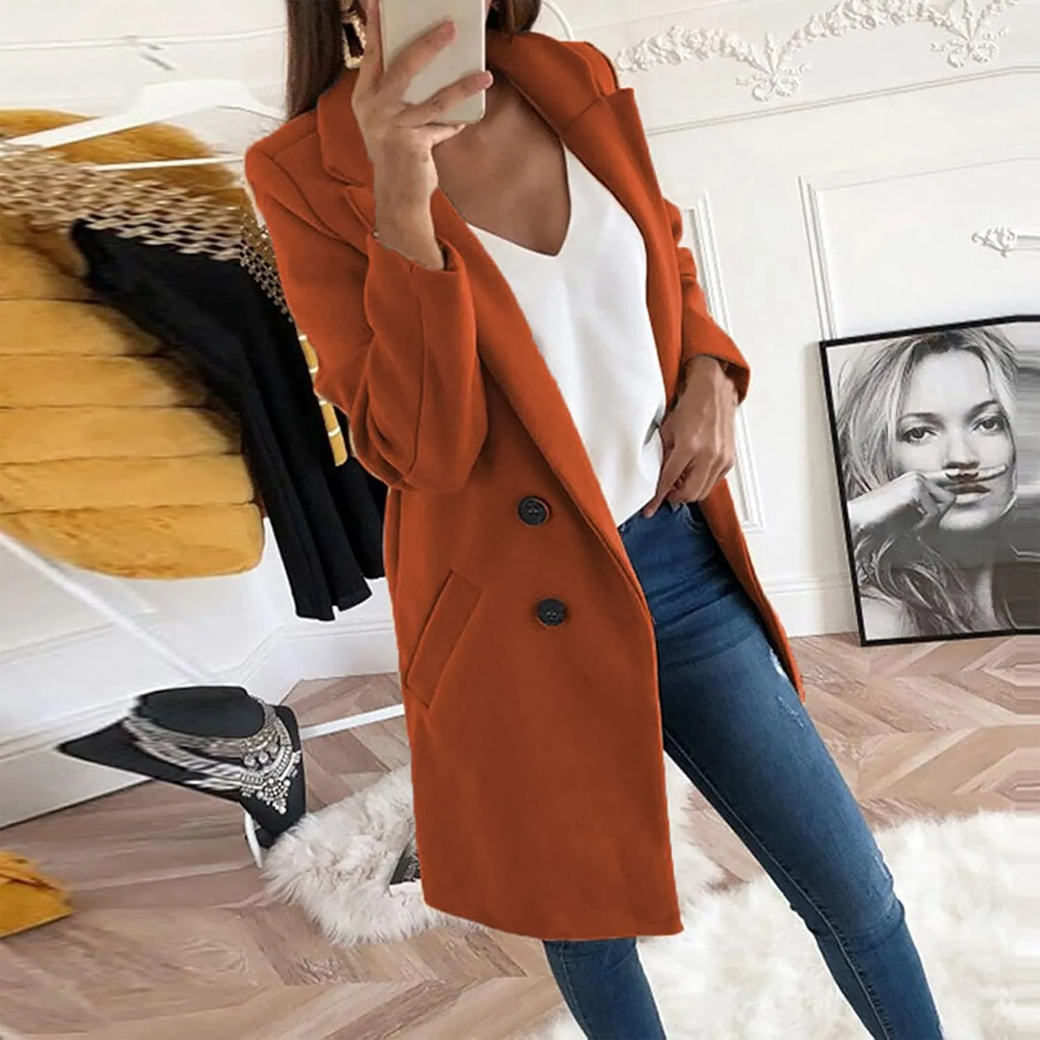 Women's Basic Wool Blend Pea Coats,Essential Double Breasted Midi Wool Blend Pea Coats Blazer Warm Winter Big Jackets