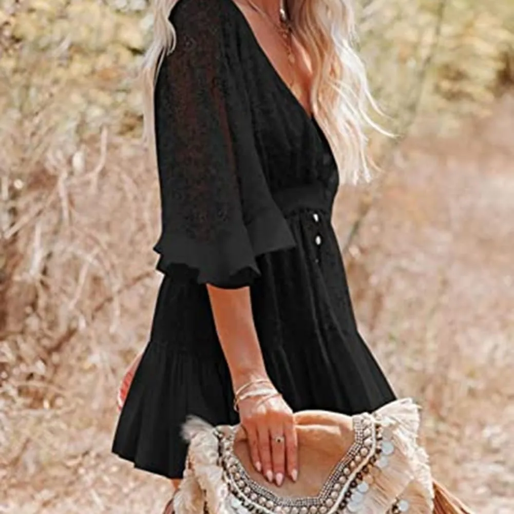 Women's Batwing Sleeve Backless Romper Dress Women's Lace Crochet Ruffle Mini Dresses V Neck Summer Beach Jumpsuits Skirt
