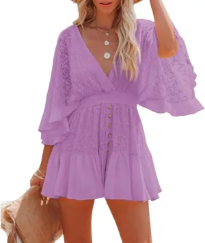 Women's Batwing Sleeve Backless Romper Dress Women's Lace Crochet Ruffle Mini Dresses V Neck Summer Beach Jumpsuits Skirt