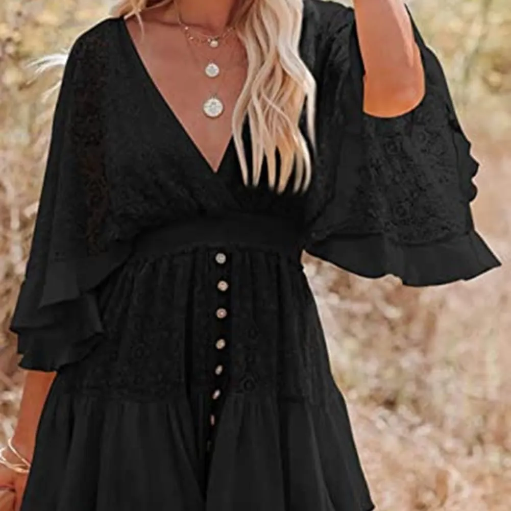 Women's Batwing Sleeve Backless Romper Dress Women's Lace Crochet Ruffle Mini Dresses V Neck Summer Beach Jumpsuits Skirt