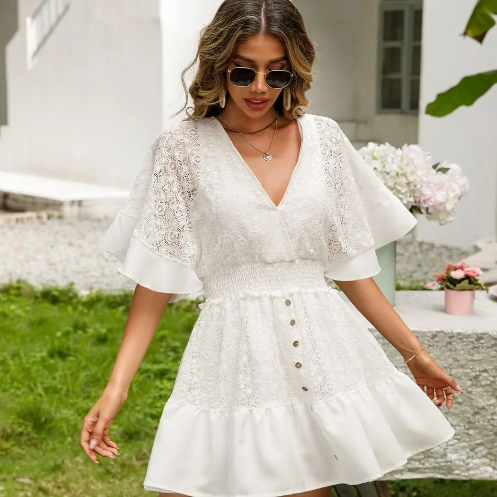 Women's Batwing Sleeve Backless Romper Dress Women's Lace Crochet Ruffle Mini Dresses V Neck Summer Beach Jumpsuits Skirt