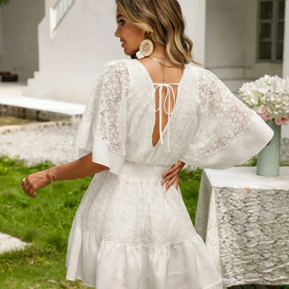 Women's Batwing Sleeve Backless Romper Dress Women's Lace Crochet Ruffle Mini Dresses V Neck Summer Beach Jumpsuits Skirt