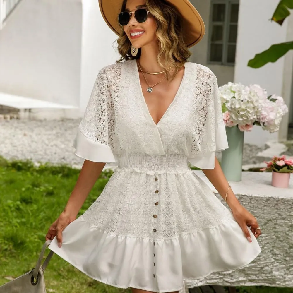 Women's Batwing Sleeve Backless Romper Dress Women's Lace Crochet Ruffle Mini Dresses V Neck Summer Beach Jumpsuits Skirt