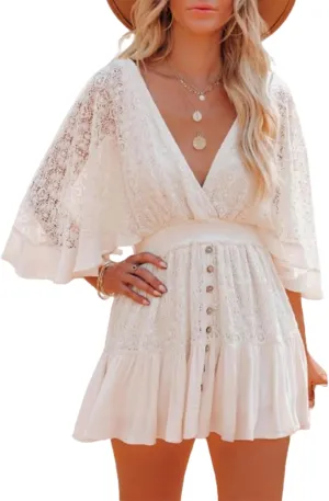 Women's Batwing Sleeve Backless Romper Dress Women's Lace Crochet Ruffle Mini Dresses V Neck Summer Beach Jumpsuits Skirt
