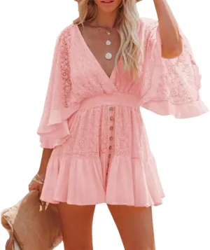 Women's Batwing Sleeve Backless Romper Dress Women's Lace Crochet Ruffle Mini Dresses V Neck Summer Beach Jumpsuits Skirt