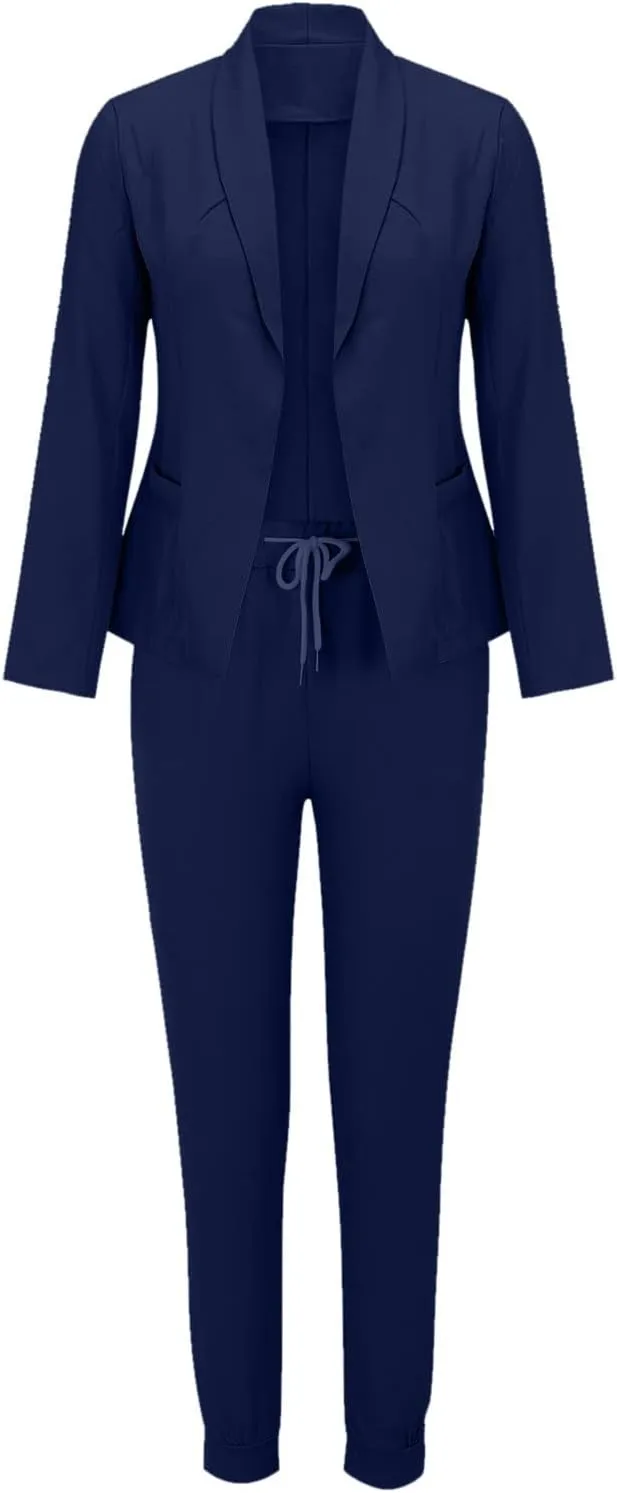 Womens Business Casual Sets 2 Piece Outfits Office Work Long Sleeve Blazer Jacket Drawstring Pants Trendy Suit Sets
