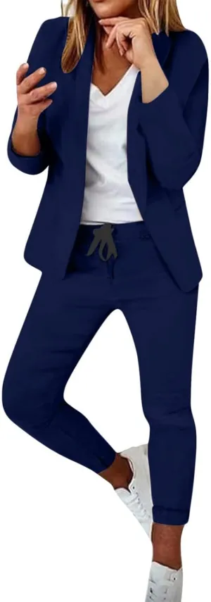 Womens Business Casual Sets 2 Piece Outfits Office Work Long Sleeve Blazer Jacket Drawstring Pants Trendy Suit Sets