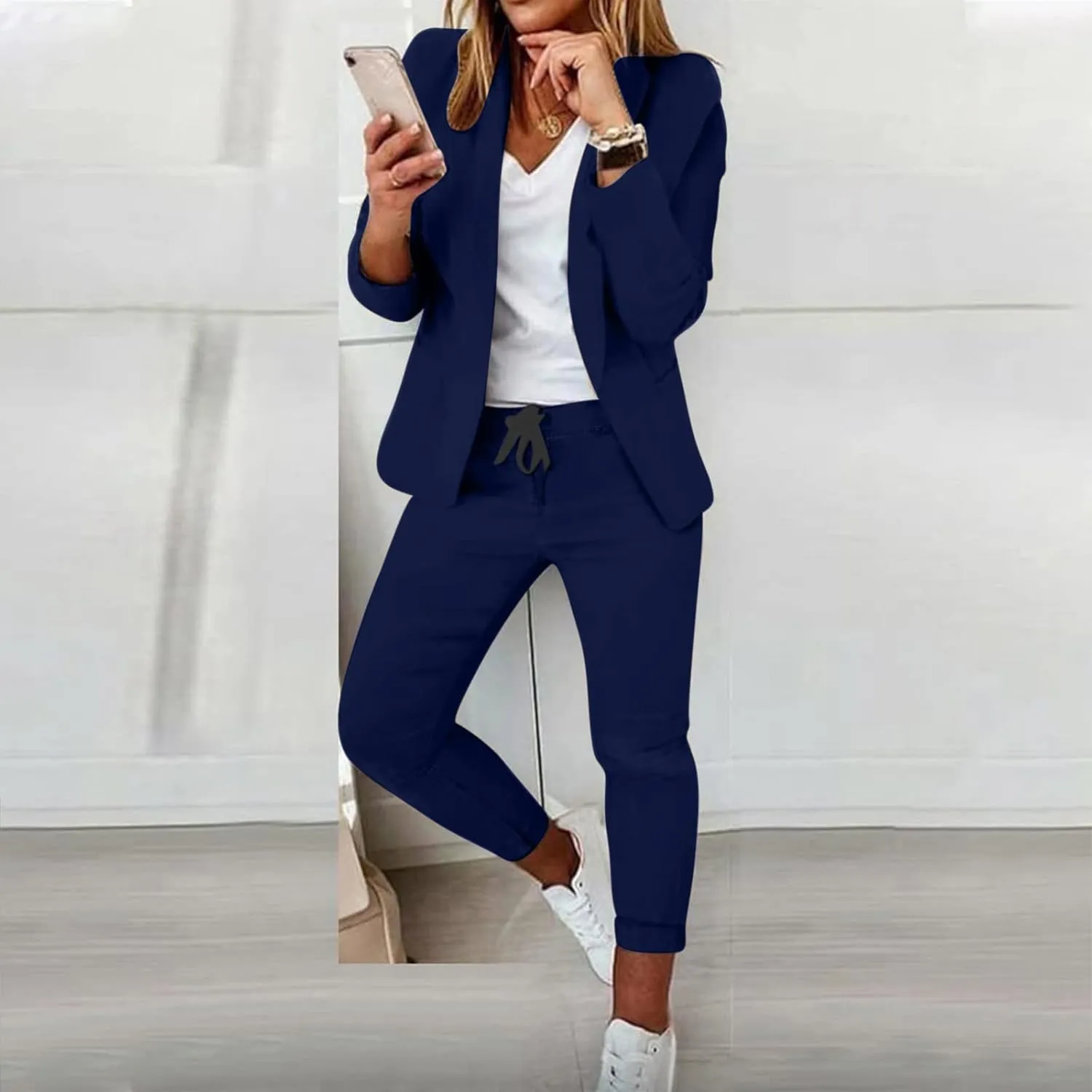 Womens Business Casual Sets 2 Piece Outfits Office Work Long Sleeve Blazer Jacket Drawstring Pants Trendy Suit Sets