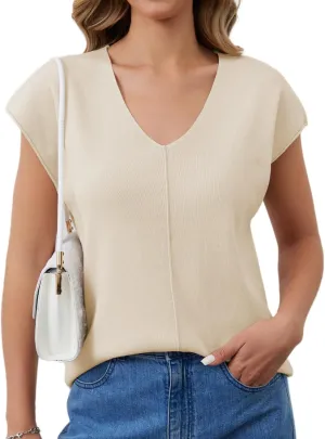 Womens Cap Sleeve Tops Summer Knit Vest Crew V Neck Tank Top Casual Loose Sweater