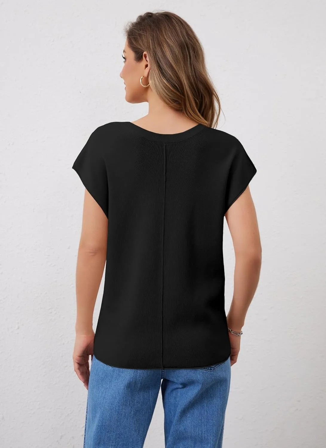 Womens Cap Sleeve Tops Summer Knit Vest Crew V Neck Tank Top Casual Loose Sweater