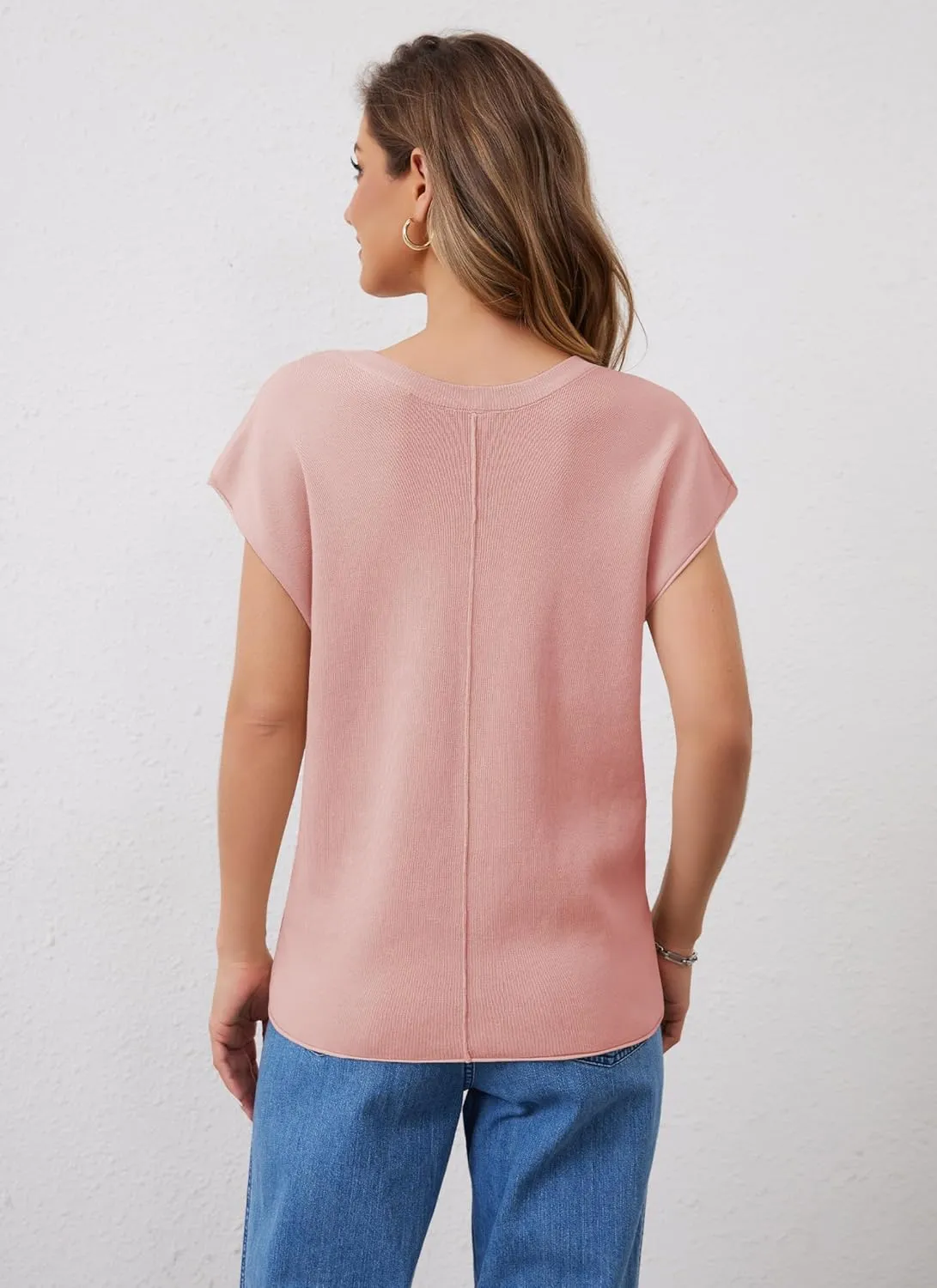 Womens Cap Sleeve Tops Summer Knit Vest Crew V Neck Tank Top Casual Loose Sweater