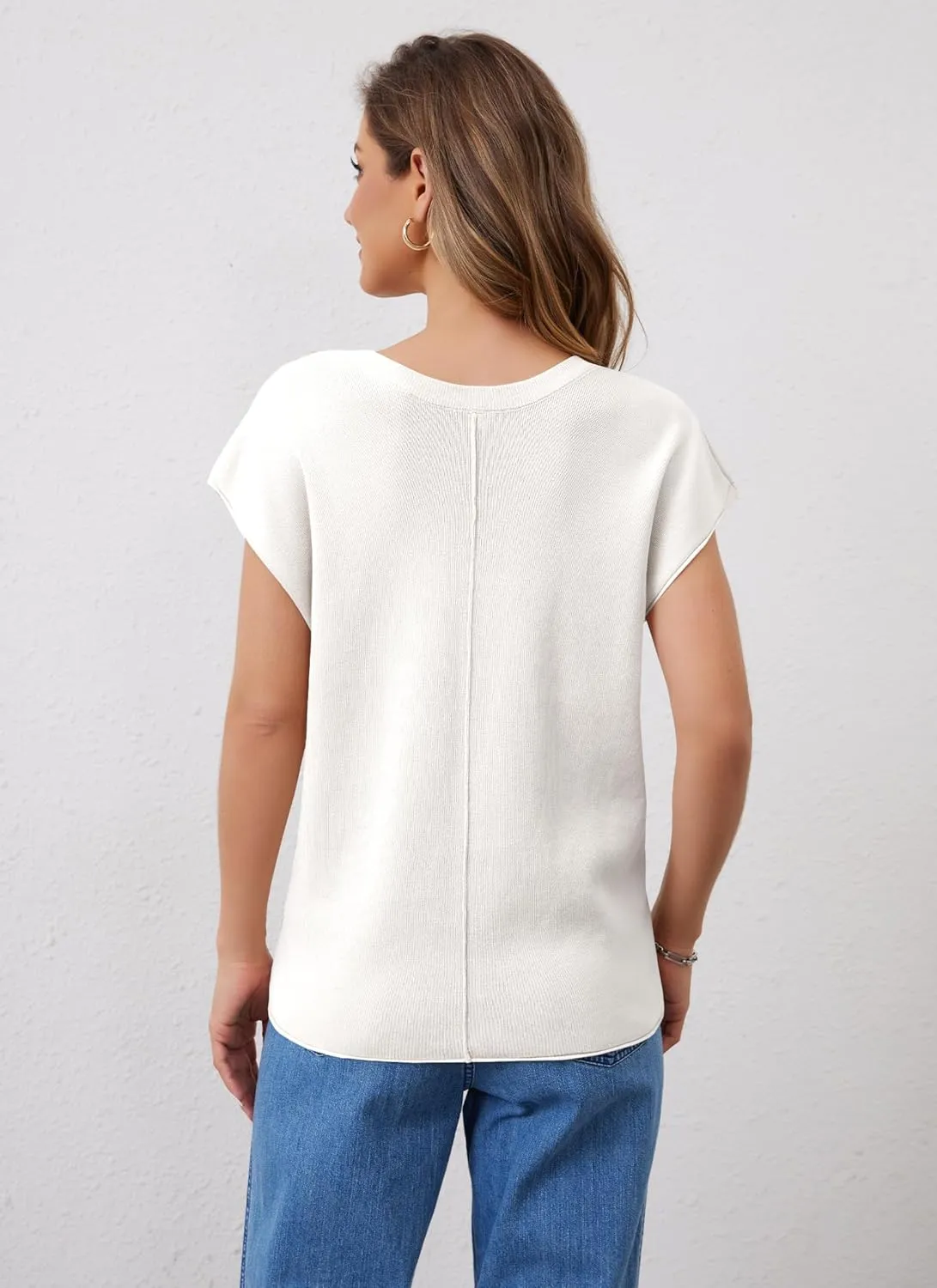 Womens Cap Sleeve Tops Summer Knit Vest Crew V Neck Tank Top Casual Loose Sweater