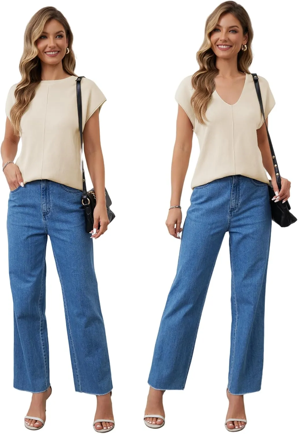 Womens Cap Sleeve Tops Summer Knit Vest Crew V Neck Tank Top Casual Loose Sweater