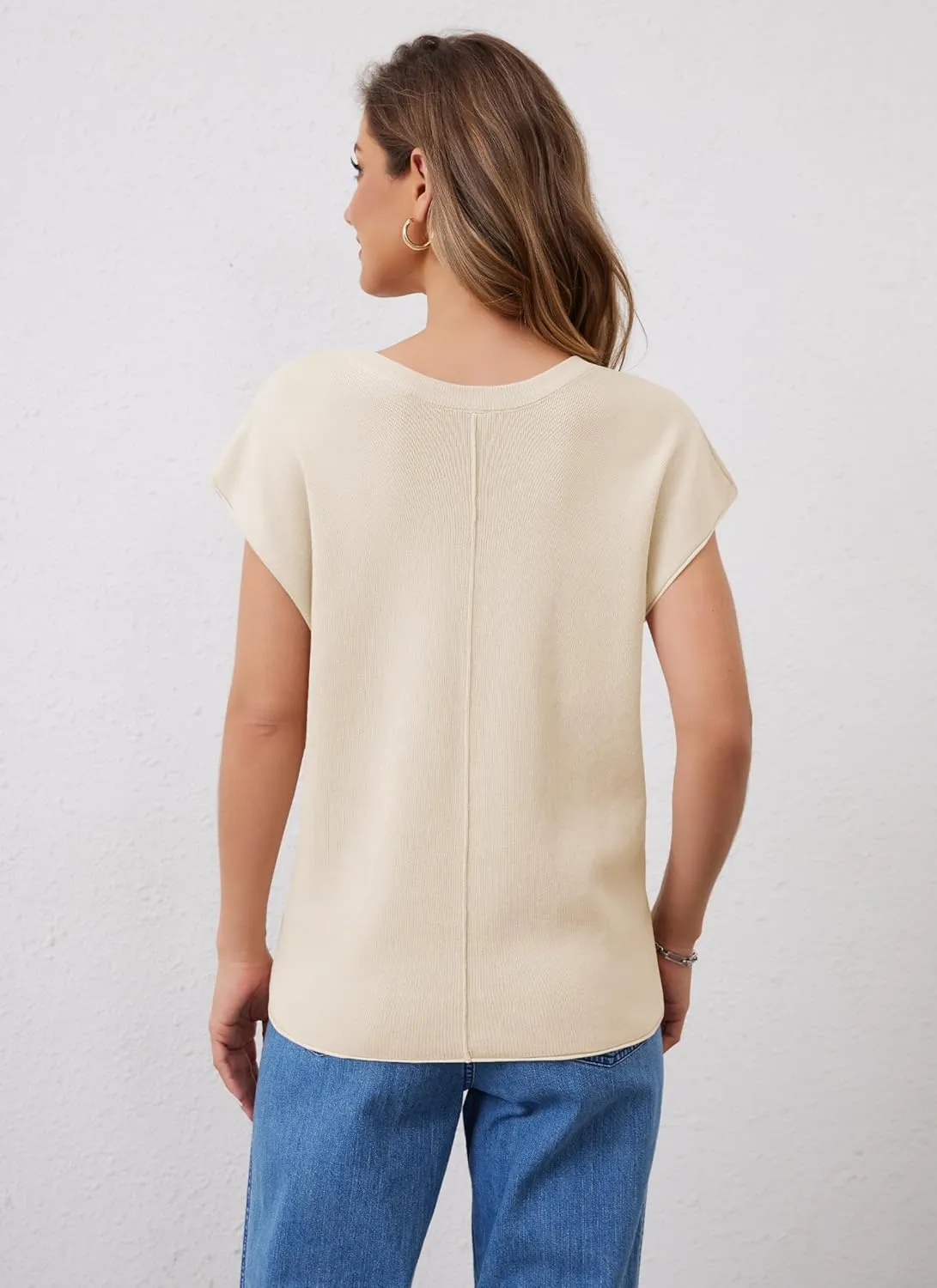 Womens Cap Sleeve Tops Summer Knit Vest Crew V Neck Tank Top Casual Loose Sweater