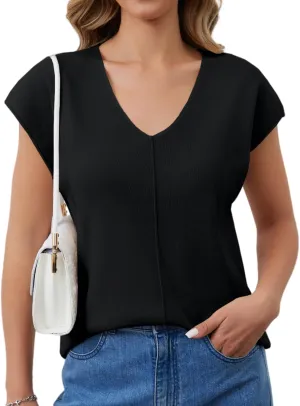 Womens Cap Sleeve Tops Summer Knit Vest Crew V Neck Tank Top Casual Loose Sweater