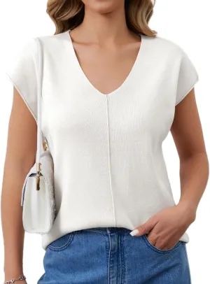 Womens Cap Sleeve Tops Summer Knit Vest Crew V Neck Tank Top Casual Loose Sweater